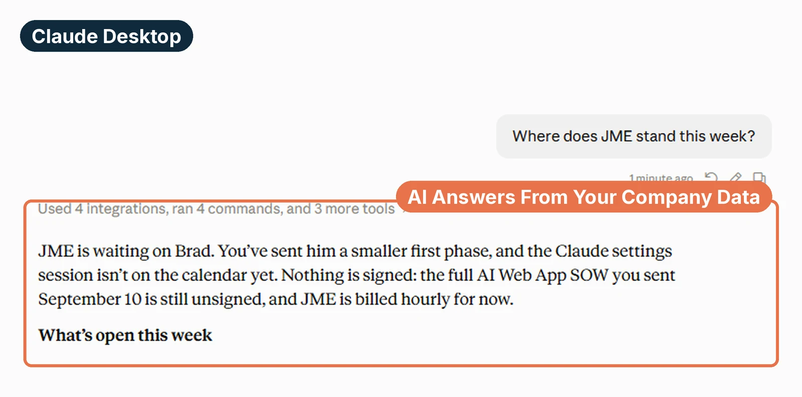 Ask AI in Claude Desktop: a question about where a client stands this week, answered from meeting, email and project data.