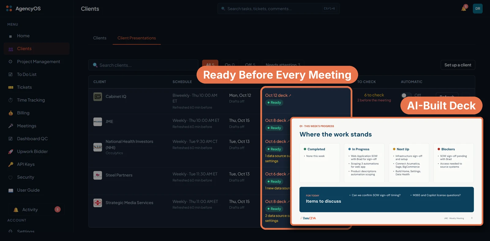 Meeting Decks screen in AgencyOS: a list of recurring client meetings, each with its AI-built status deck marked Ready, and one deck open on its "Where the work stands" slide.